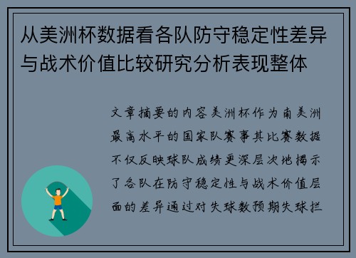 从美洲杯数据看各队防守稳定性差异与战术价值比较研究分析表现整体 从美洲杯数据看各队防守稳定性差异与战术价值比较研究分析表现整体